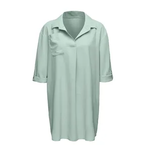 Women's Sage Green V-Neck Beach Dress Casual Rolled Sleeve Tunic Shirt Cover Up
