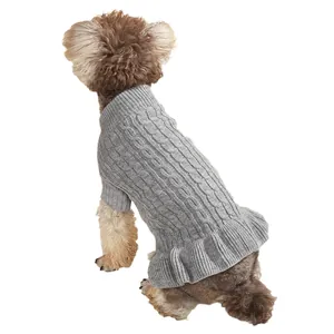 Grey cable knit dog sweater for small pets, soft warm winter pet apparel with ruffle hem.