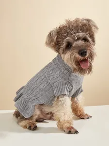 Grey cable knit dog sweater for small dogs, warm winter pet apparel and clothing.
