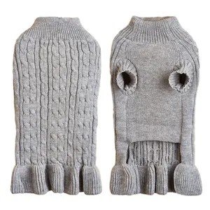 Grey cable knit dog sweater with turtleneck design, soft and warm pet apparel for small dogs.