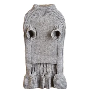 Grey knit pet sweater detail, soft cable knit texture, cozy dog apparel for small pets.