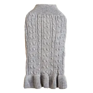 Gray cable knit pet sweater with cute ruffle hem, soft and warm winter apparel for small dogs.