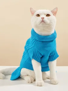 Cute blue pet turtleneck cable knit sweater for cats and small dogs, warm winter pet apparel.