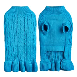 Blue cable knit dog sweater for small dogs, warm winter pet apparel with ruffle hem.