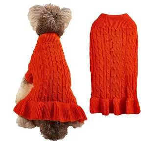 Orange cable-knit dog sweater with cute ruffle hem, soft warm pet winter apparel for small dogs.