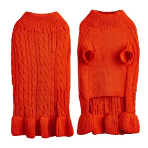 Orange cable knit dog sweater for small pets, warm winter pet apparel with cute ruffles.