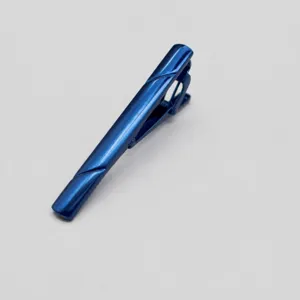 Elegant men's blue metal tie clip with simple diagonal stripe design for business suit.