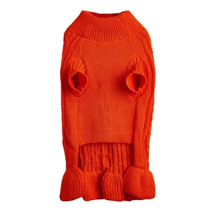 Close-up detail of vibrant orange cable knit pet sweater, soft texture for small dogs.