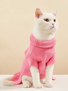 Cute pink knit pet sweater detail, soft warm turtleneck cat clothes for small dogs.