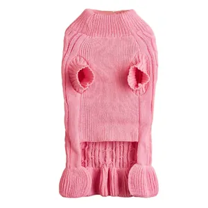 Cute pink knitted pet sweater detail, soft warm wool dog clothes for small puppies winter