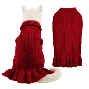 Red cable knit pet sweater with ruffle hem, warm winter apparel for small dogs and cats.