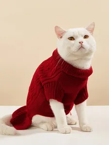Red cable knit pet sweater for small dogs and cats, warm turtleneck winter pet clothing.