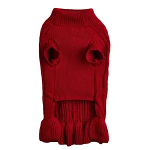 Cozy red cable knit dog sweater, warm turtleneck pet apparel for small dogs in winter.