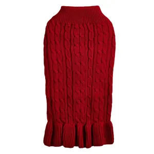 Red cable knit pet sweater for small dogs warm winter dog clothes with ruffles cute apparel.