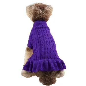 Purple cable knit dog sweater with cute ruffles, cozy winter pet apparel for small puppies.