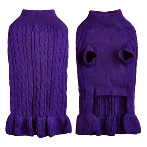 Purple cable knit pet dog sweater detail view, cozy warm winter pet apparel for small dogs.