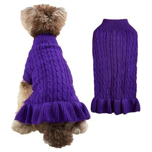 Purple cable knit dog sweater with turtleneck and ruffles for small pets winter warm apparel
