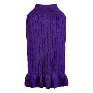 Purple cable knit pet sweater for small dogs, warm turtleneck puppy clothes with cute ruffle hem.