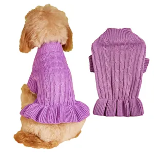 Detailed view of the purple cable knit pet sweater with ruffles, soft and warm dog apparel.