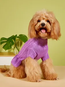 Detail shot of cute pet dog wearing purple cable knit turtleneck sweater for small dogs cozy scene