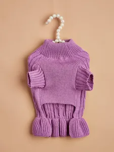 Purple knitted pet sweater for small dogs, warm turtleneck puppy winter apparel with ruffles.