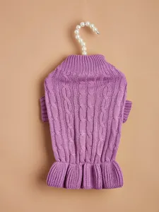 Detailed view of the purple cable knit pet sweater with ruffle hem for small dogs.