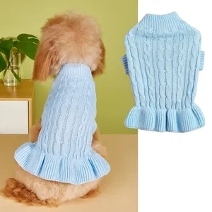 Detailed view of cute light blue cable knit pet sweater with adorable ruffled hem for small dogs.