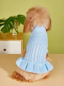 Soft cable-knit dog sweater in light blue with ruffles, warm pet apparel for small dogs detail.