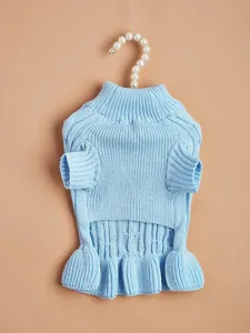 Cute light blue cable knit dog sweater for small pets, warm turtleneck pet clothes detail shot.