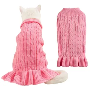 Detailed view of pink cable knit pet sweater with cute ruffles for small cats and dogs.