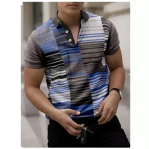 Men Vintage Striped Short Sleeve Polo Shirt Summer Casual Button Down Knit Casual Top