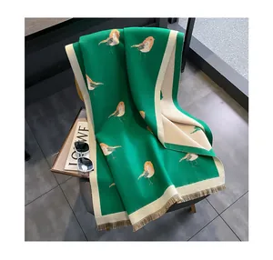 Green cashmere-feel winter scarf with bird pattern, cozy fringed shawl and wrap for women.