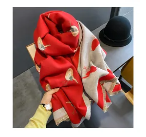 Red grey cashmere feel scarf winter warm tassel bird print shawl winter outdoor apparel