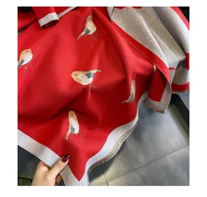 Red cashmere feel bird patterned winter shawl warm cozy tassel detailed cozy accessory detail