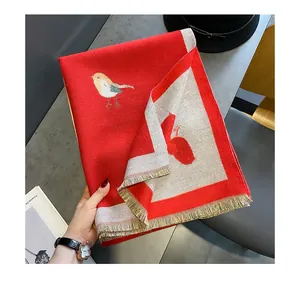 Thickened red bird pattern fringed winter scarf, stylish imitation cashmere warm shawl for women.