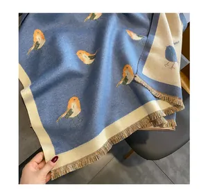 Cozy winter imitation cashmere scarf featuring charming bird patterns and elegant fringe detail.