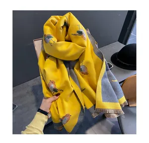 Women winter yellow grey bird pattern knitted cashmere feel warm long scarf shawl wrap soft