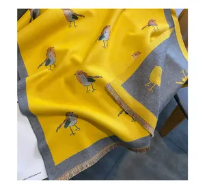 Yellow and grey cashmere feel winter scarf shawl with cute bird pattern, thick and warm.