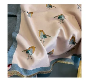 Women warm cashmere feel bird print scarf long winter shawl with fringe edge detail view.