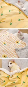 Cozy pet blanket with cute carrot and sunflower prints, thick plush fleece lining for warm sleeping.