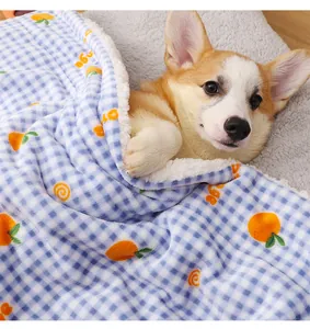 Cute pet warm blanket with blue plaid and orange print, cozy soft fleece for dogs and cats.