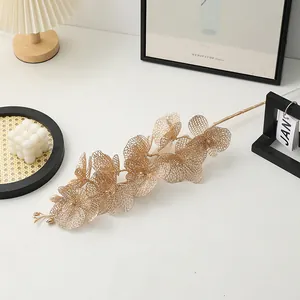 Artificial gold flower branch metallic mesh floral stem for home decor festival arrangement