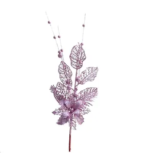 Pink glitter artificial Christmas flower branch holiday tree decoration ornament spray