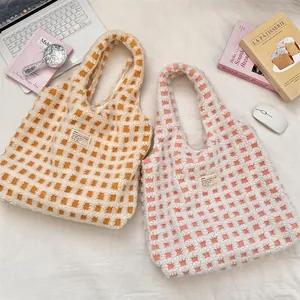 Plush checkered tote bag detail, fuzzy waffle shoulder bag, casual student daily purse.