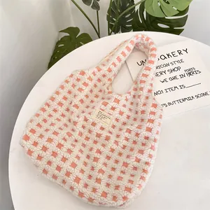 Pink white checkered waffle fleece tote bag, soft cute student shoulder handbag for daily use.