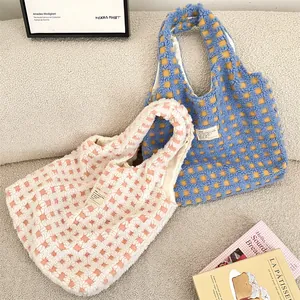 Cute fleece checkered tote bag, fluffy shoulder bag, cozy winter commuter handbag detail.
