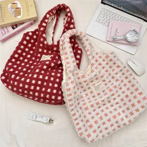 Detailed view of the cute plush checkered tote bag, fluffy waffle texture, casual daily use.