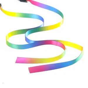 Gedetailleerd macro-overzicht van het levendige regenboog satijnen lint voor kattenhengels.