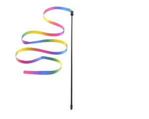 Gedetailleerd overzicht van een regenbooglint kattenteaser met een lang zwart handvat