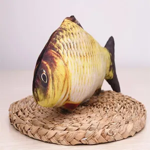 Close up view of realistic fish shape catnip toy on straw mat, fun interactive cat supply detail
